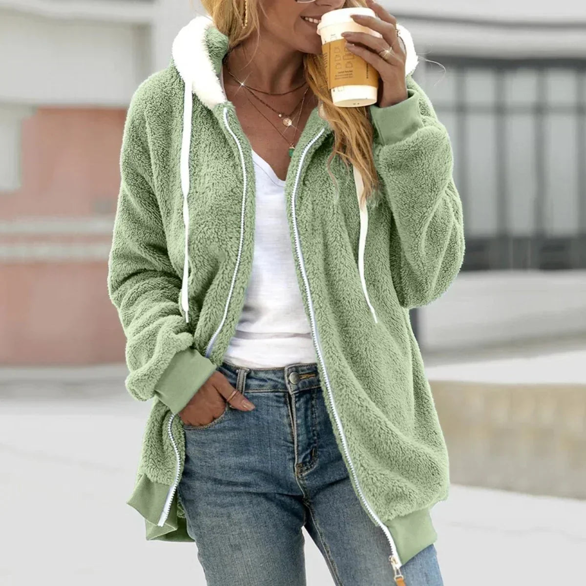 Kapuzenjacke | Damen Teddy Kapuzenjacke Langarm | Reißverschluss