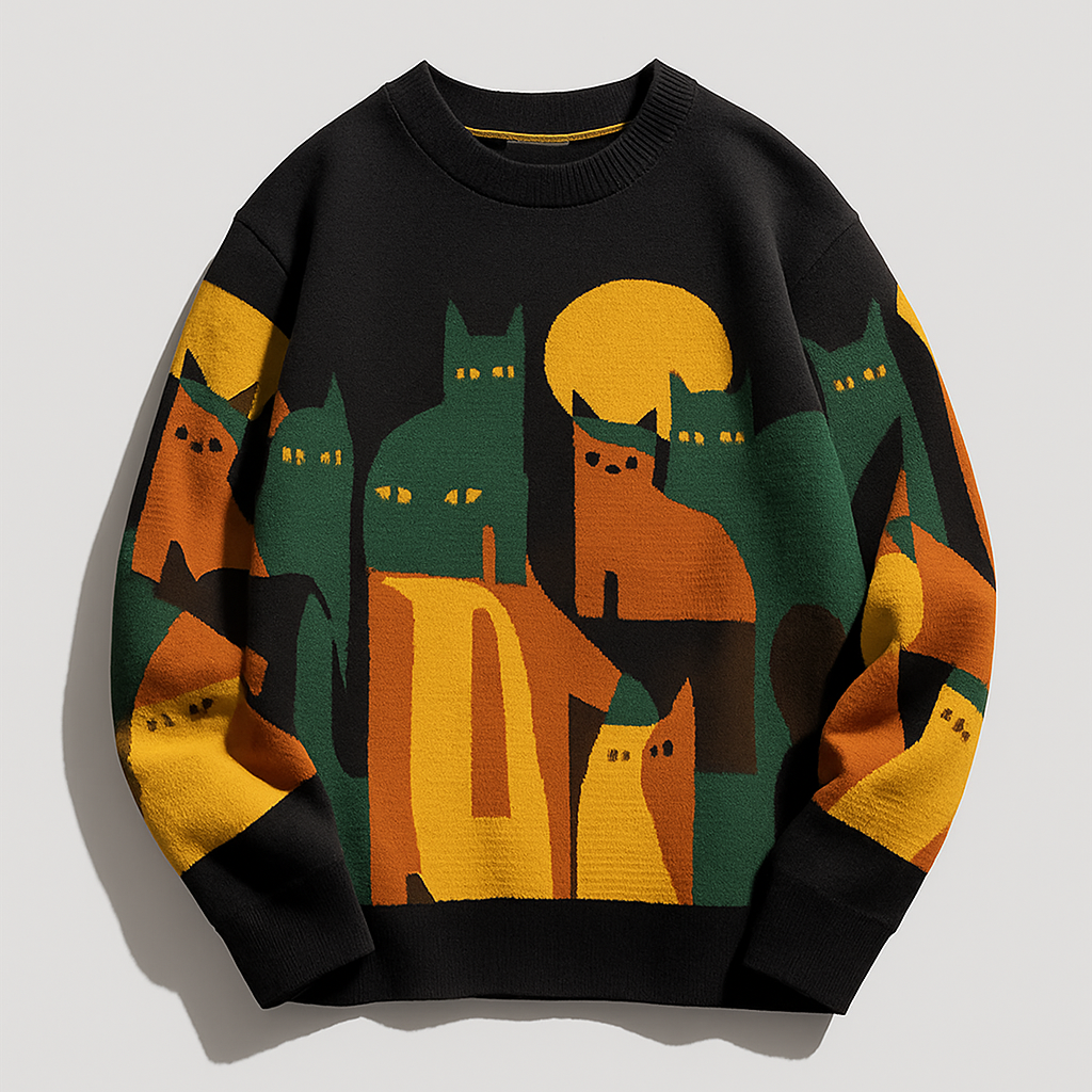 Damen Bedruckter Katzenpullover | Rundhals Locker
