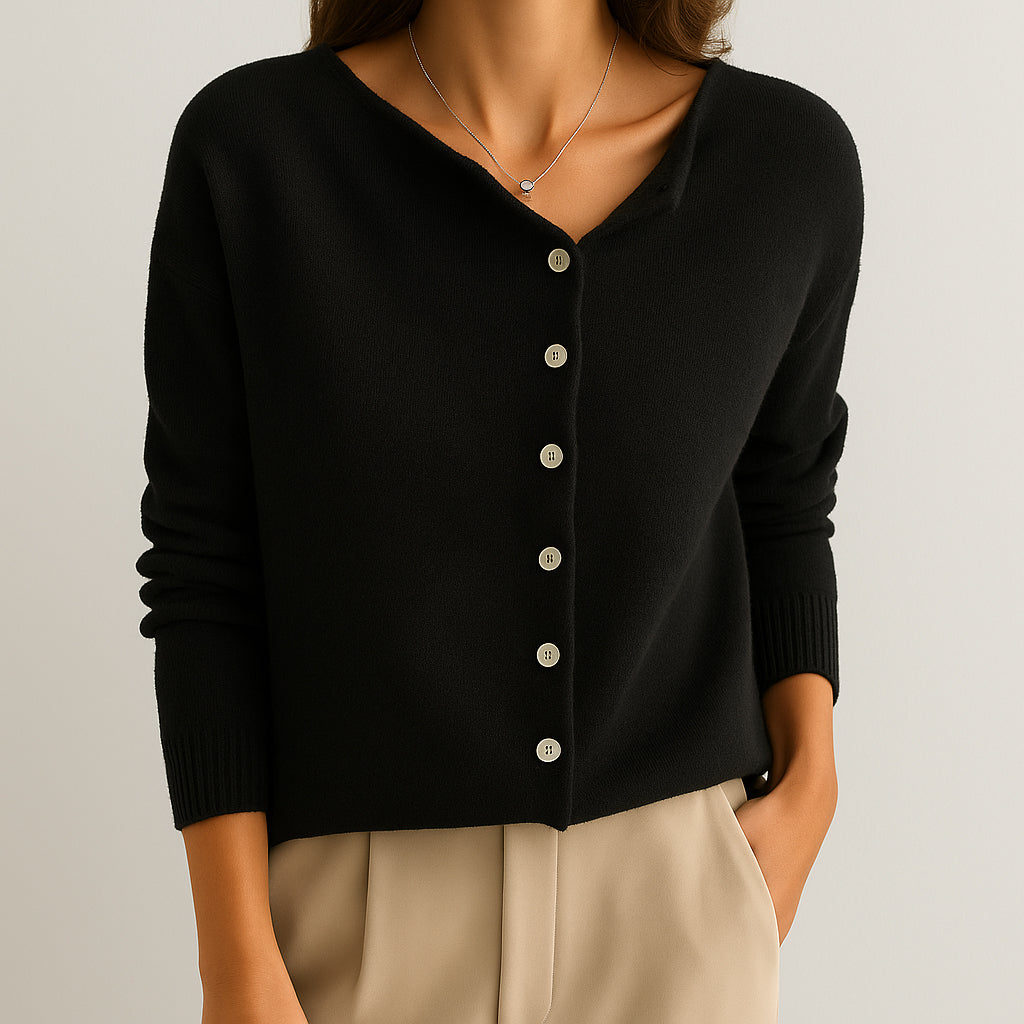 Damen Asymmetrischer Strickpullover | Perlenknopfleiste