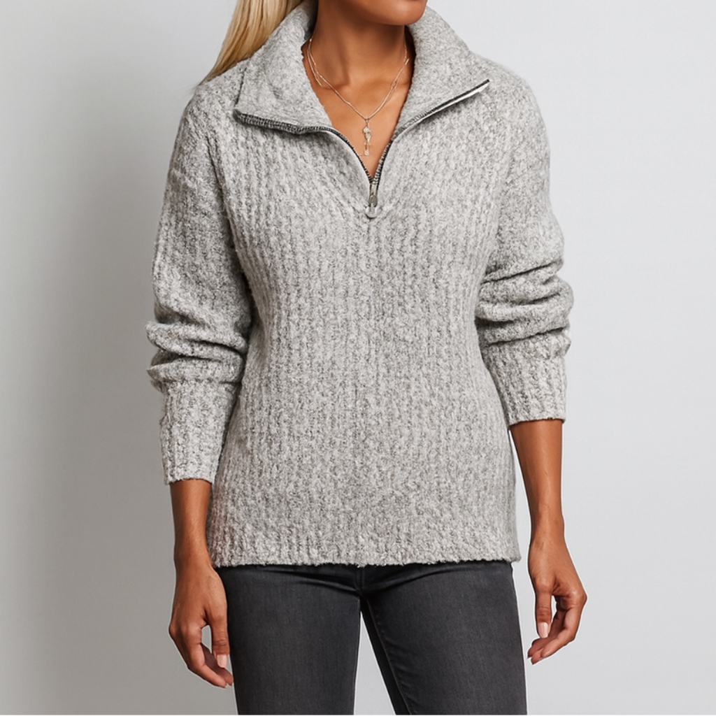 Damen Lockerer Strickpullover | Halber Reißverschluss