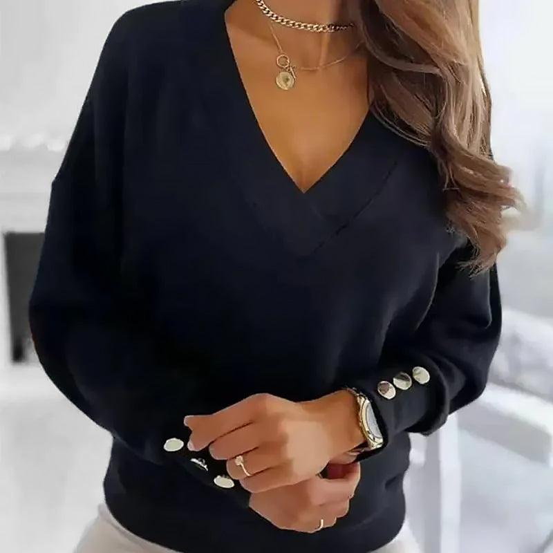 Damen Lockerer V-Ausschnitt Pullover | Knopfdetails Ärmel