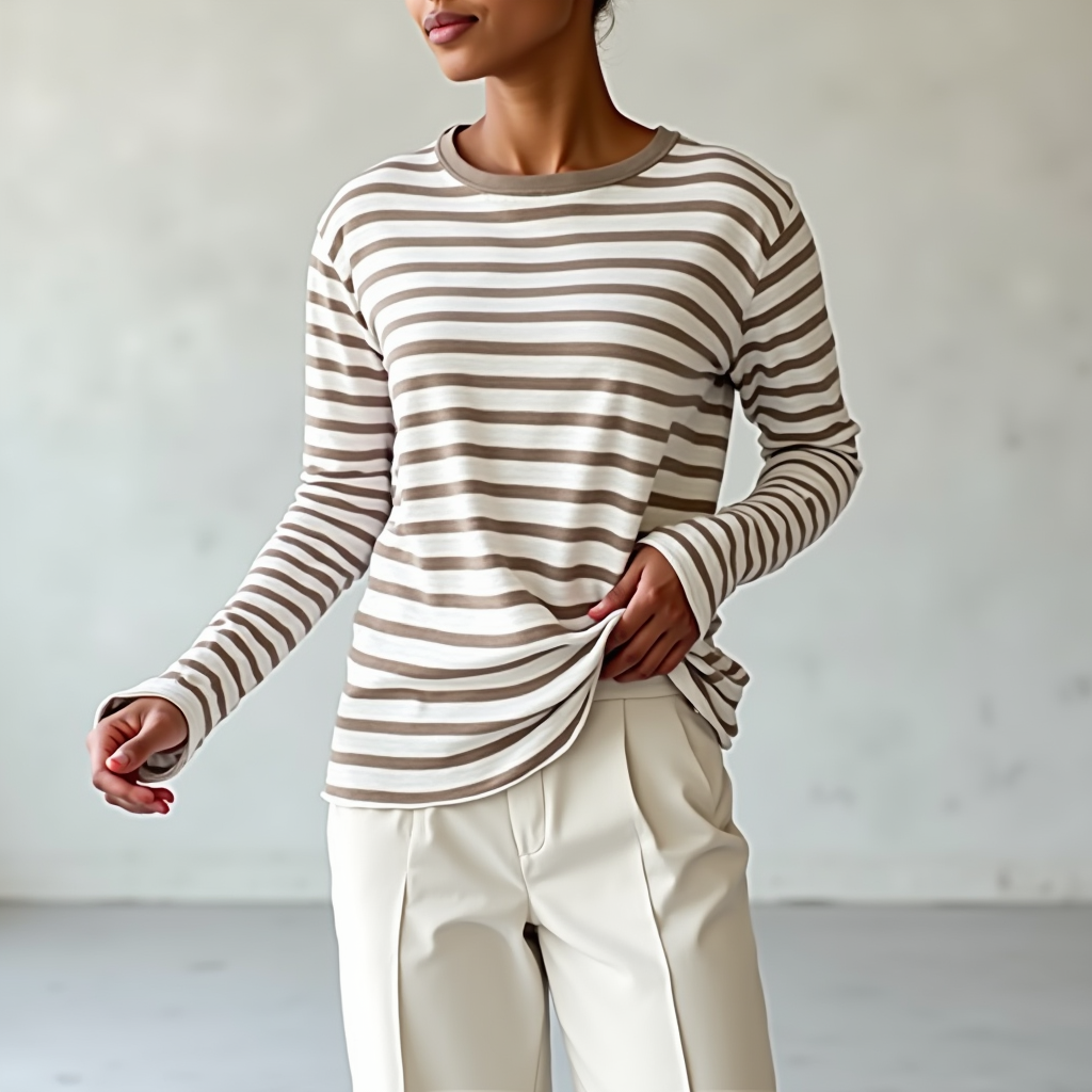 Damen Gestreifter Rundhals Pullover | Locker Langarm