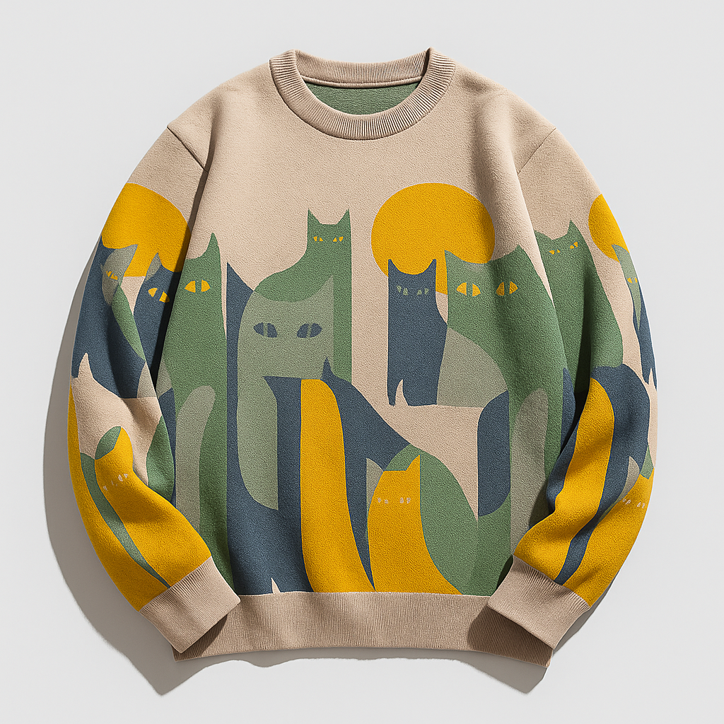 Damen Bedruckter Katzenpullover | Rundhals Locker