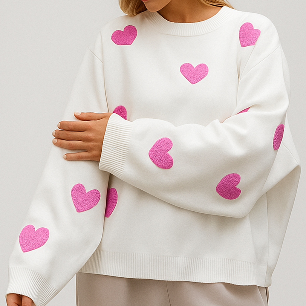 Damen Herzprint Pullover | Oversize Stil
