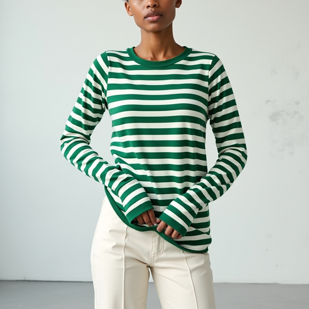 Damen Gestreifter Rundhals Pullover | Locker Langarm