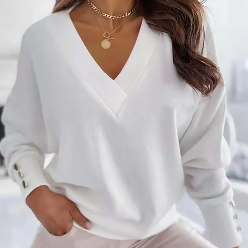 Damen Lockerer V-Ausschnitt Pullover | Knopfdetails Ärmel
