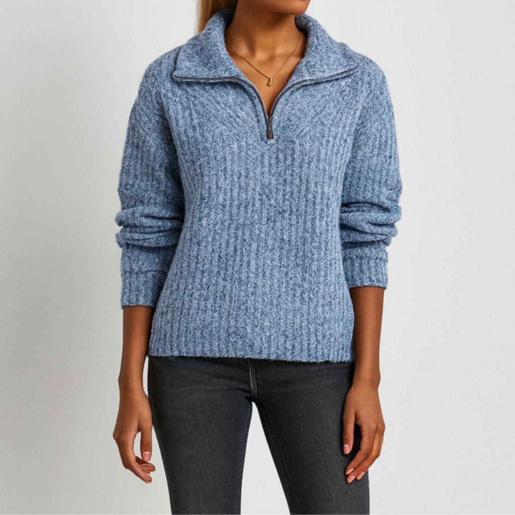 Damen Lockerer Strickpullover | Halber Reißverschluss