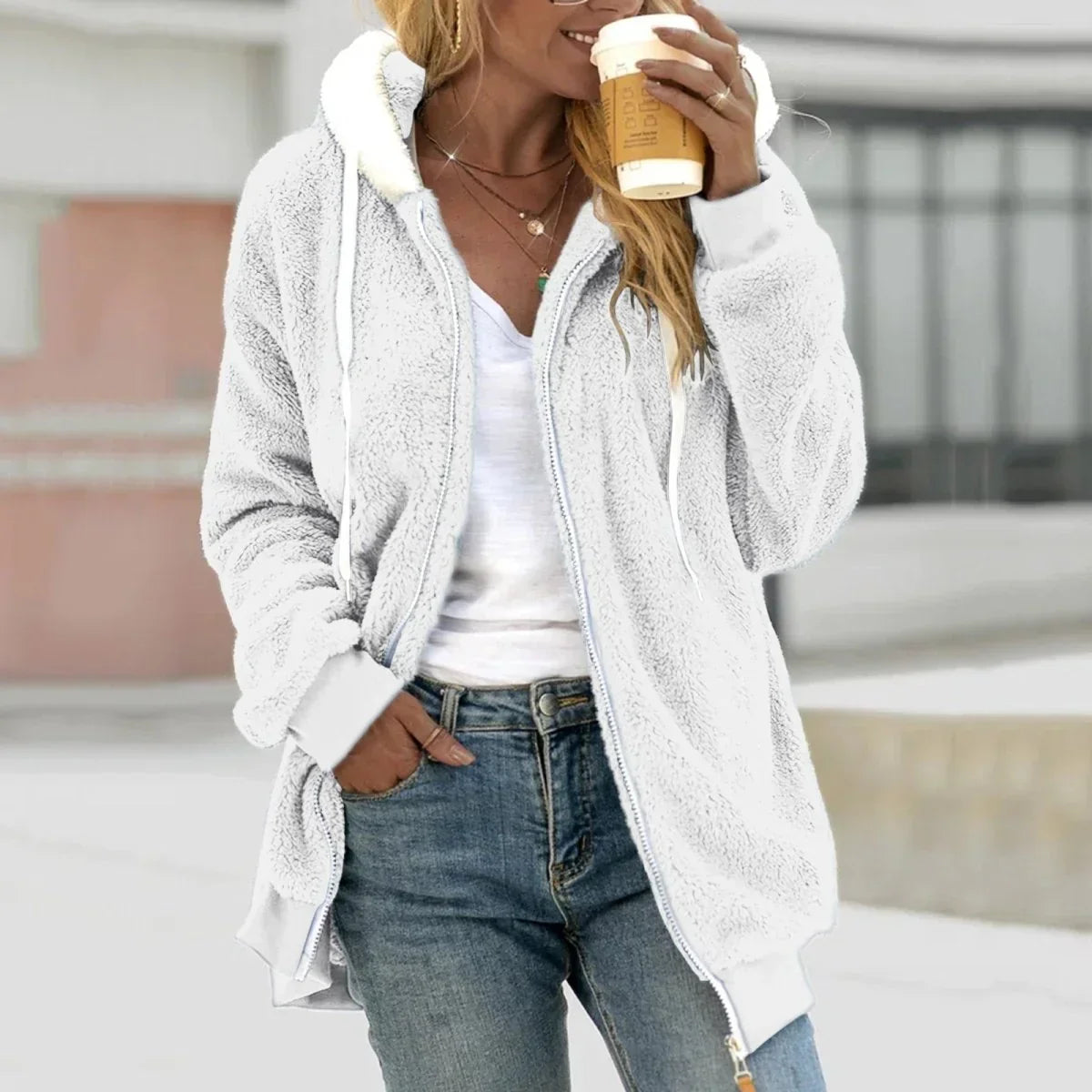 Kapuzenjacke | Damen Teddy Kapuzenjacke Langarm | Reißverschluss