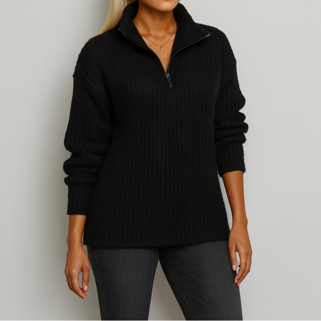 Damen Lockerer Strickpullover | Halber Reißverschluss