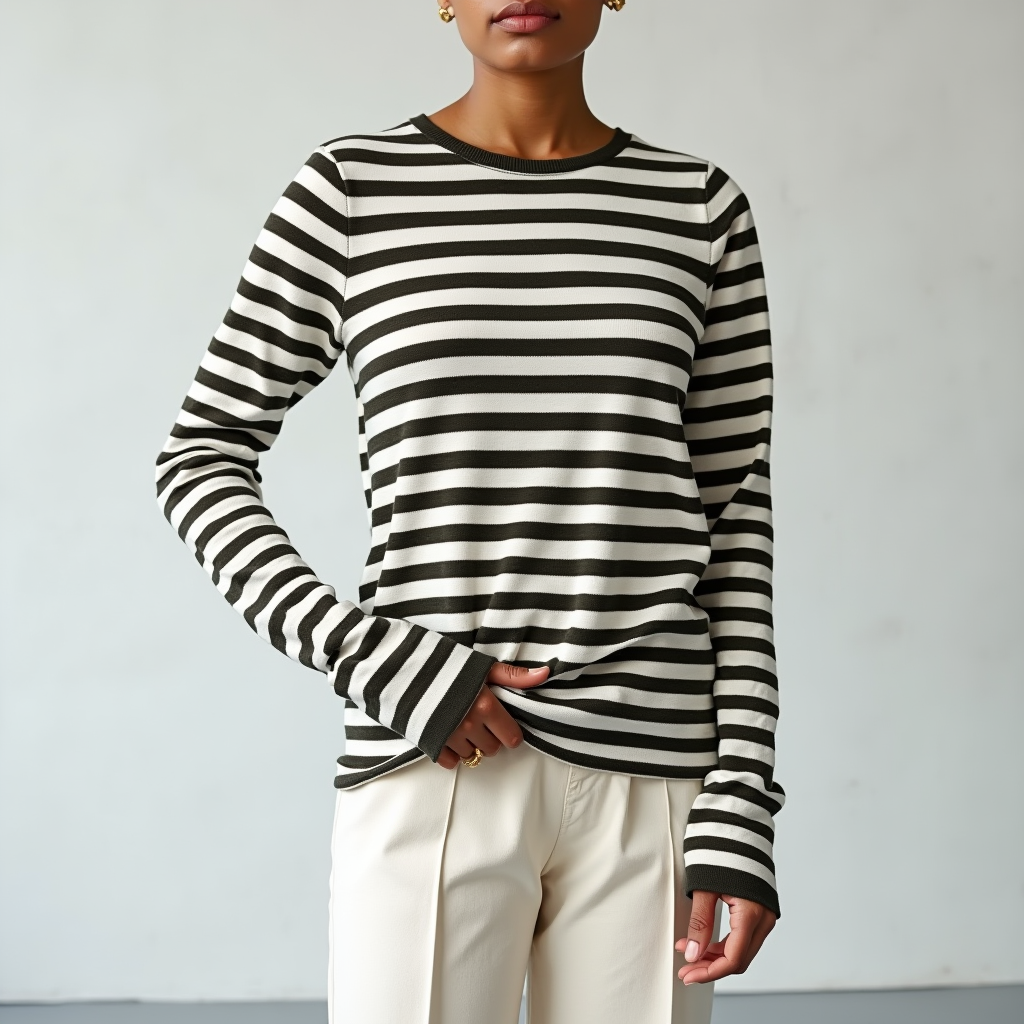 Damen Gestreifter Rundhals Pullover | Locker Langarm