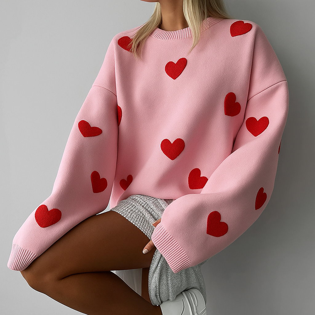 Damen Herzprint Pullover | Oversize Stil