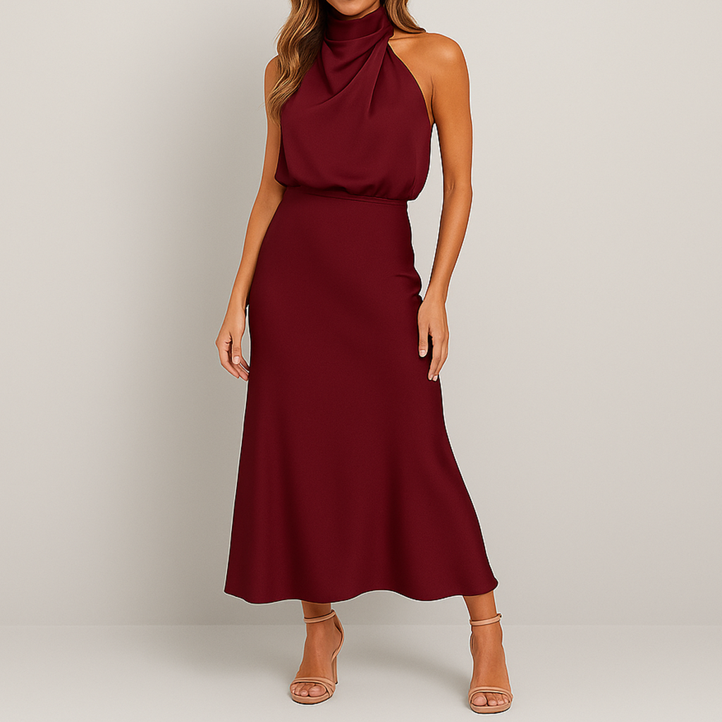 Damen Rückenfreies Midikleid | Hoher Kragen