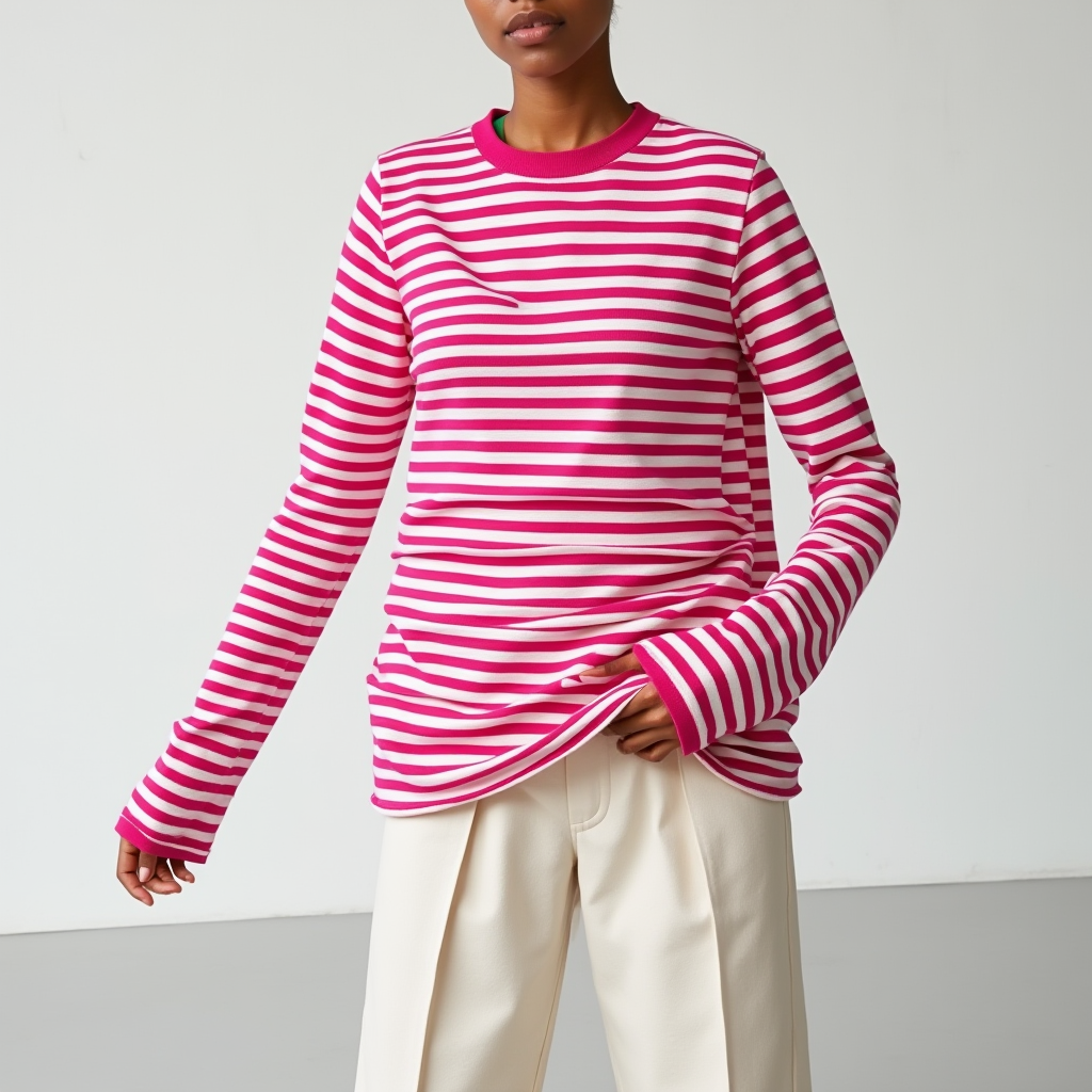 Damen Gestreifter Rundhals Pullover | Locker Langarm