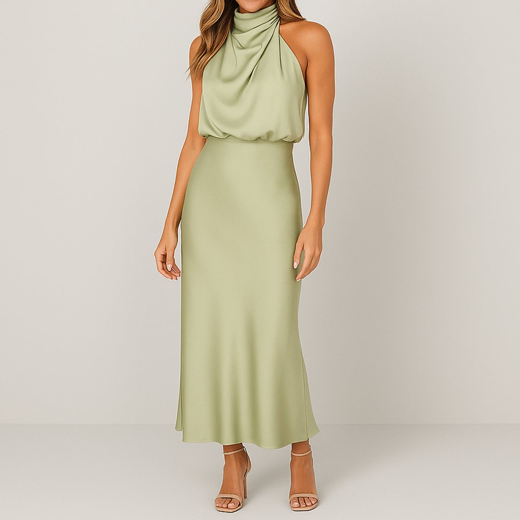 Damen Rückenfreies Midikleid | Hoher Kragen
