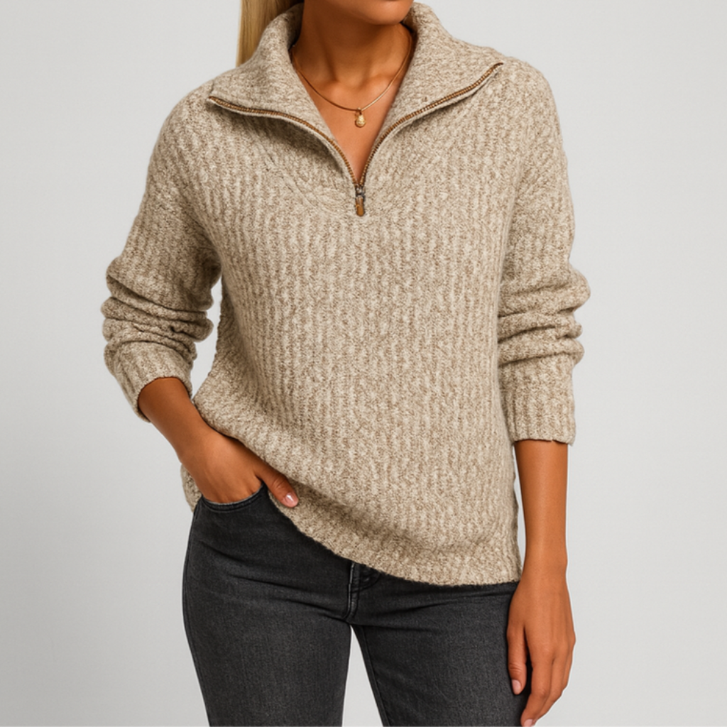 Damen Lockerer Strickpullover | Halber Reißverschluss
