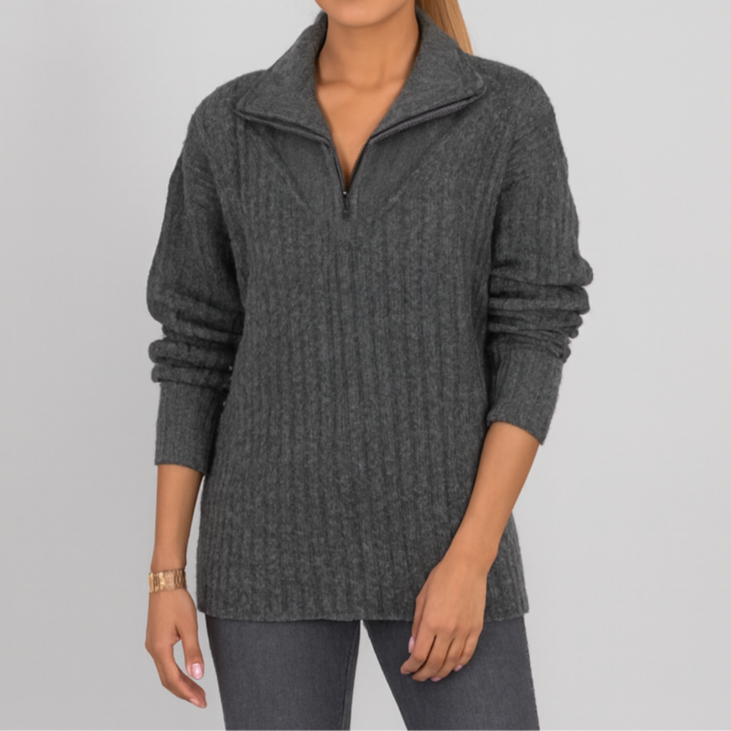 Damen Lockerer Strickpullover | Halber Reißverschluss