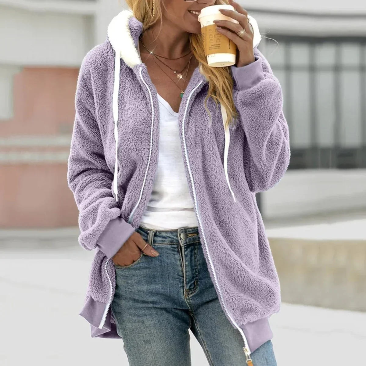 Kapuzenjacke | Damen Teddy Kapuzenjacke Langarm | Reißverschluss
