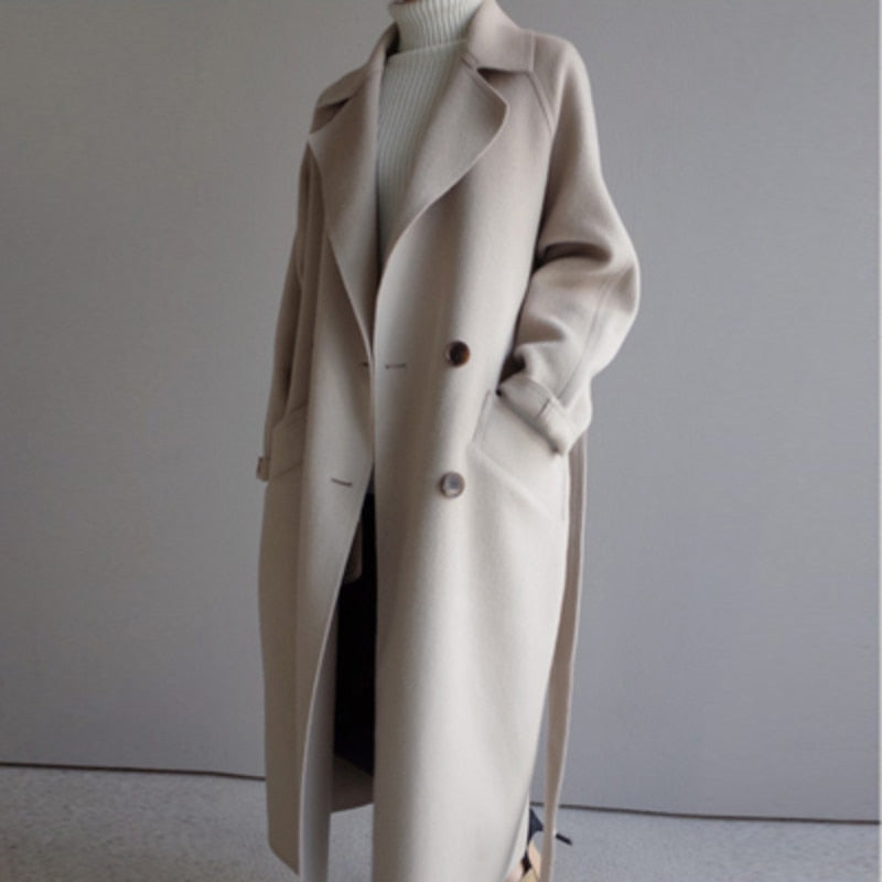 Damen Langer Mantel Gürtel | Knopfverschluss Elegant