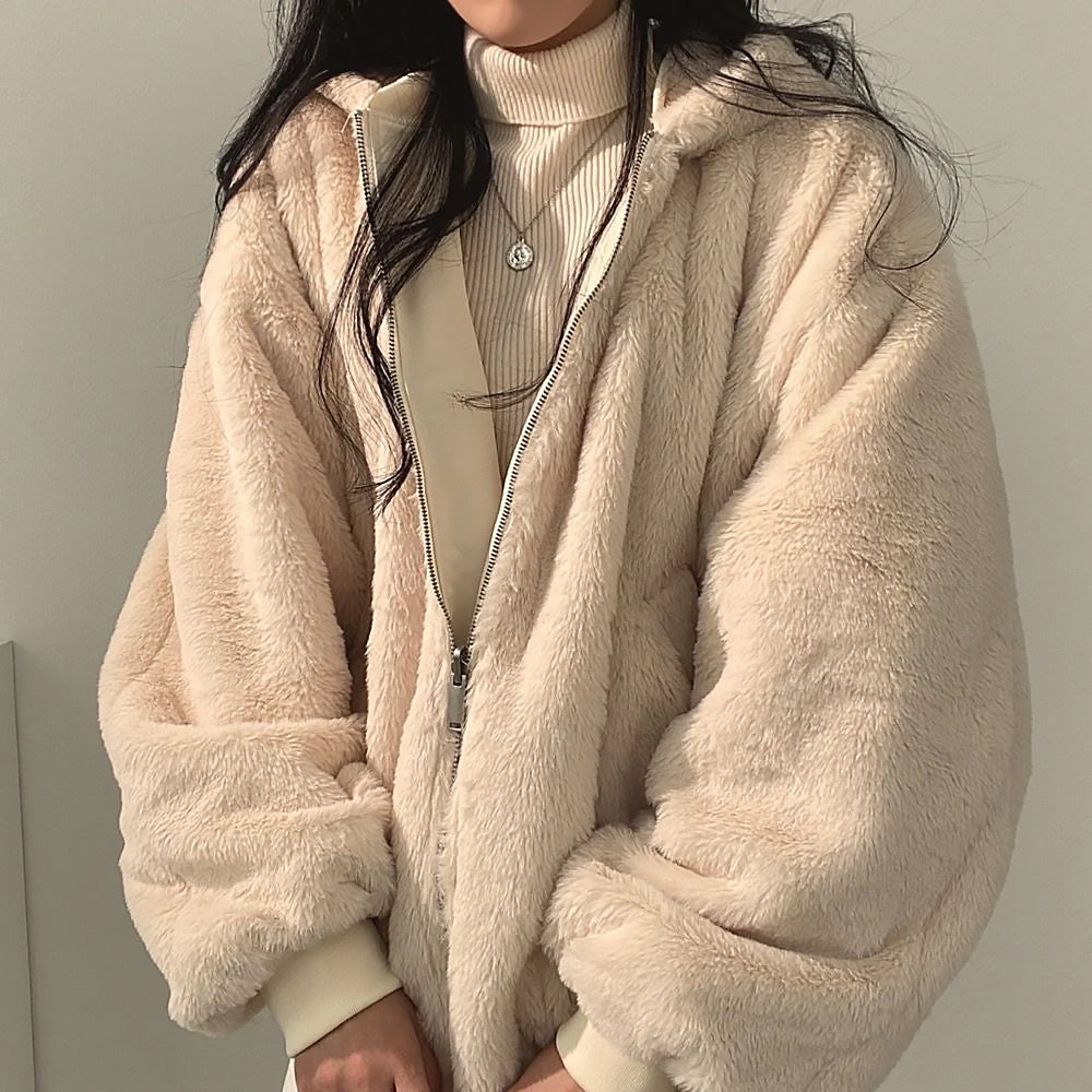 Damen Wendbare Oversize Jacke | Kapuze Reißverschluss