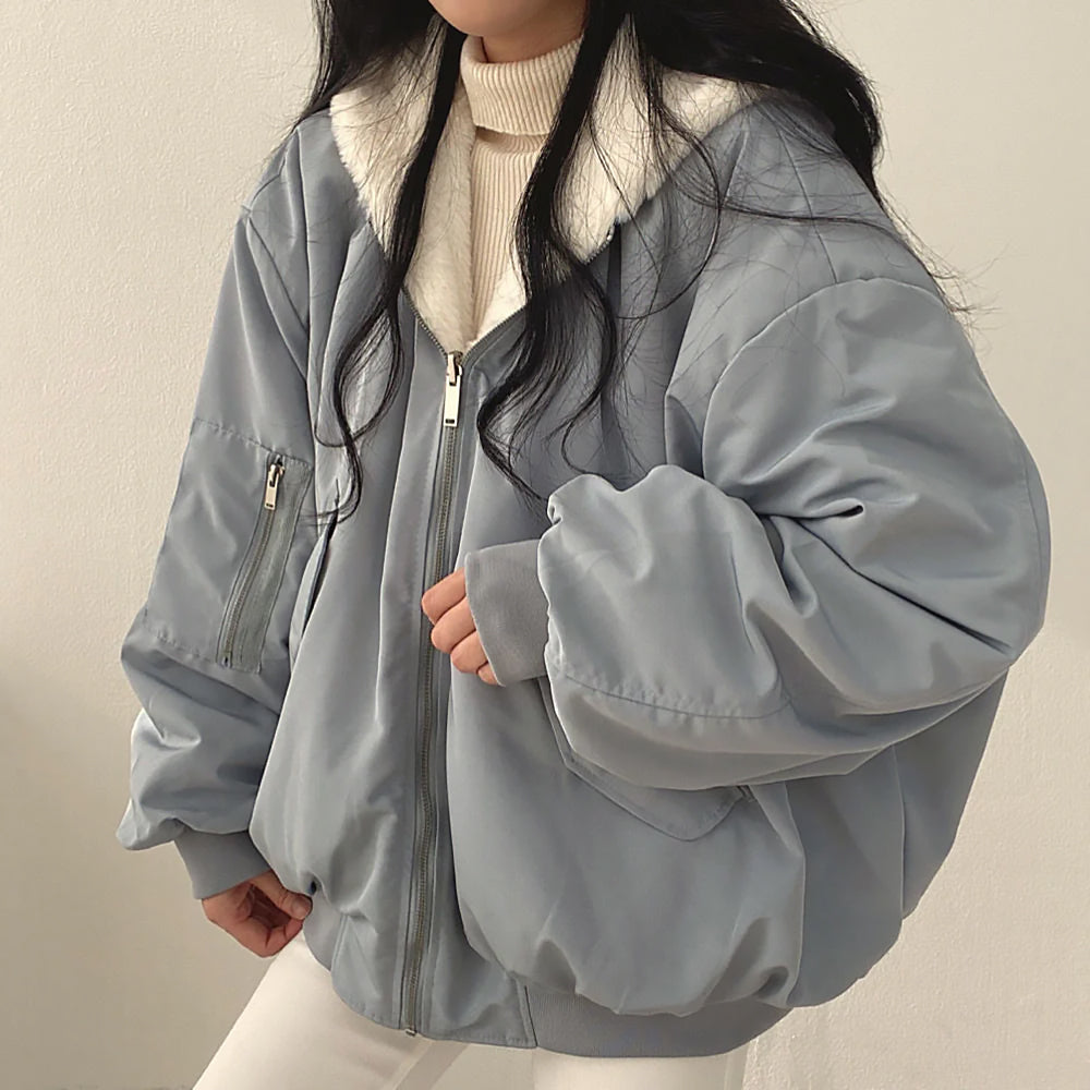 Damen Wendbare Oversize Jacke | Kapuze Reißverschluss